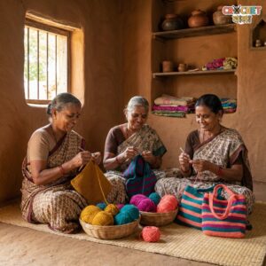 Village women working together, smiling, and crocheting in a home setting.